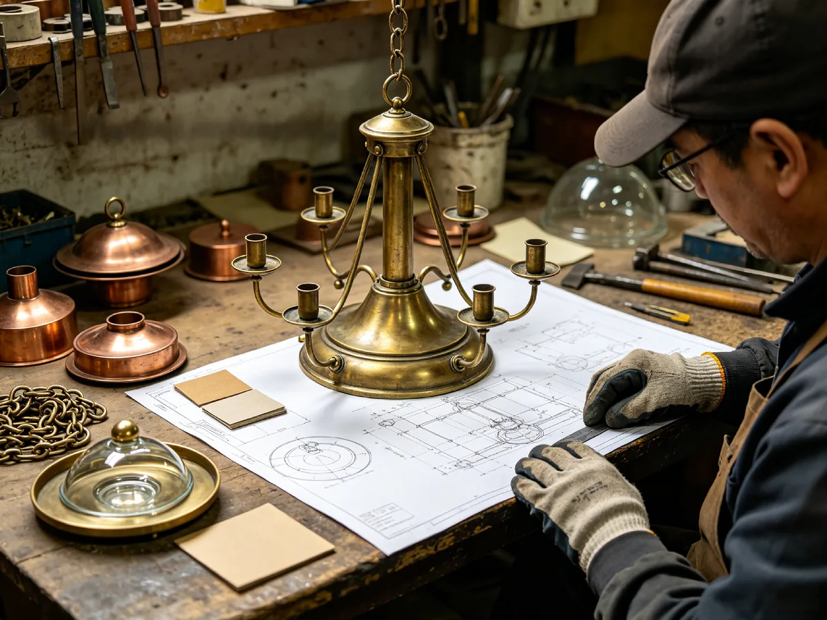 Hand-finished bronze chandelier prototype at the Metis Maison atelier showing dimensional patina