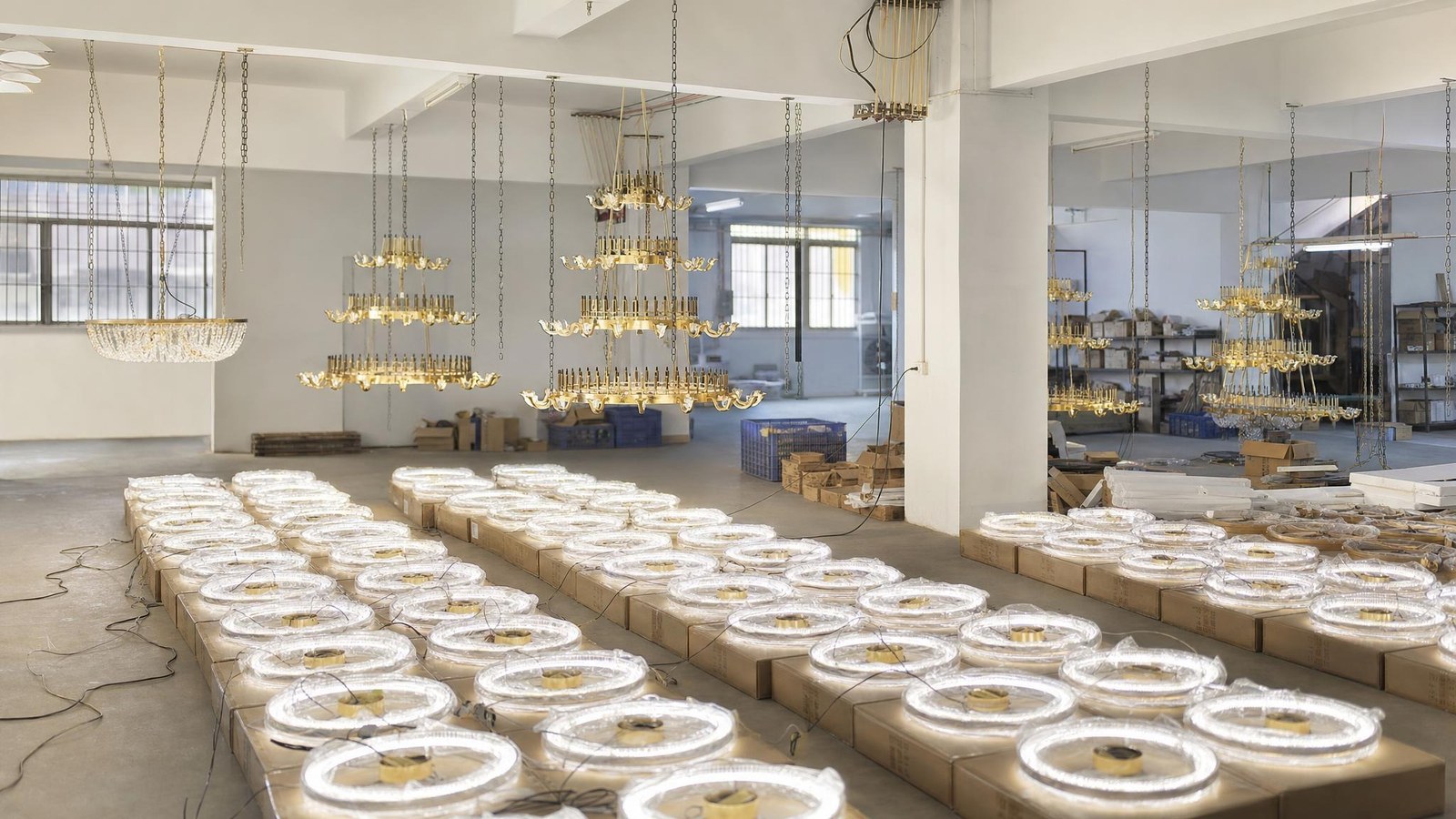 A brass hotel chandelier hanging on its suspension hardware in the workshop beside an open foam-lined wooden shipping crate